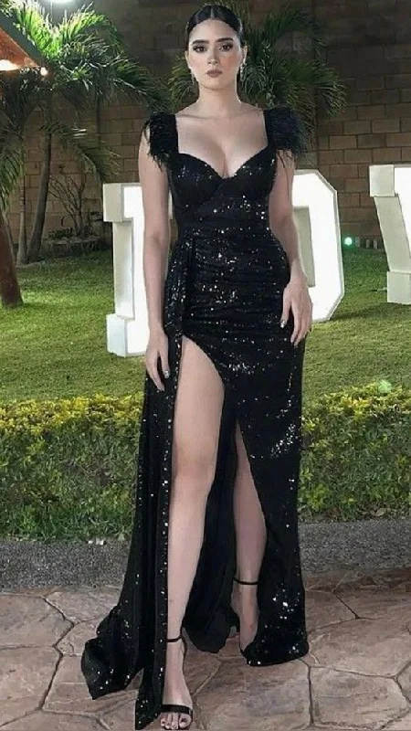 designer evening dress on sale -Sweetheart Black Sequin Side Slit Long Evening Prom Dresses cc1064