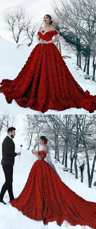 red evening dress with lace -Off-the-Shoulder 3D Floral Printed Ball Gown for Girl Evening Dresses C2155