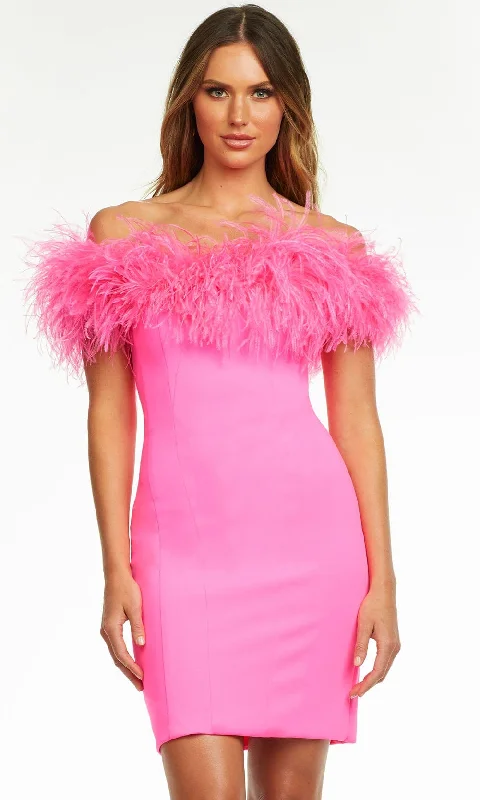 elegant party dress for nights -Ashley Lauren - 4490 Off Shoulder Feather Short Dress