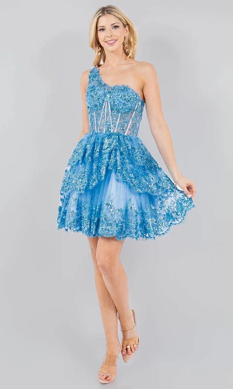 party dress with chic patterns -Cinderella Couture 5132J - Asymmetric Sheer Corset Top Cocktail Dress