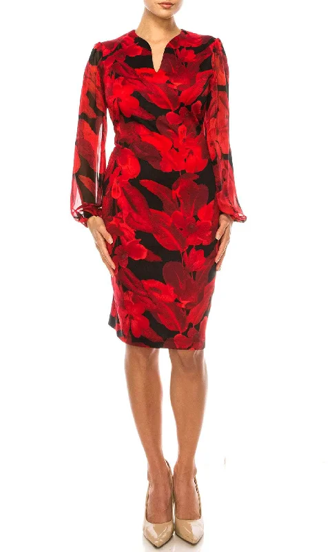 Connected Apparel TPN10681 - Floral Long Sleeves V Neck Dress