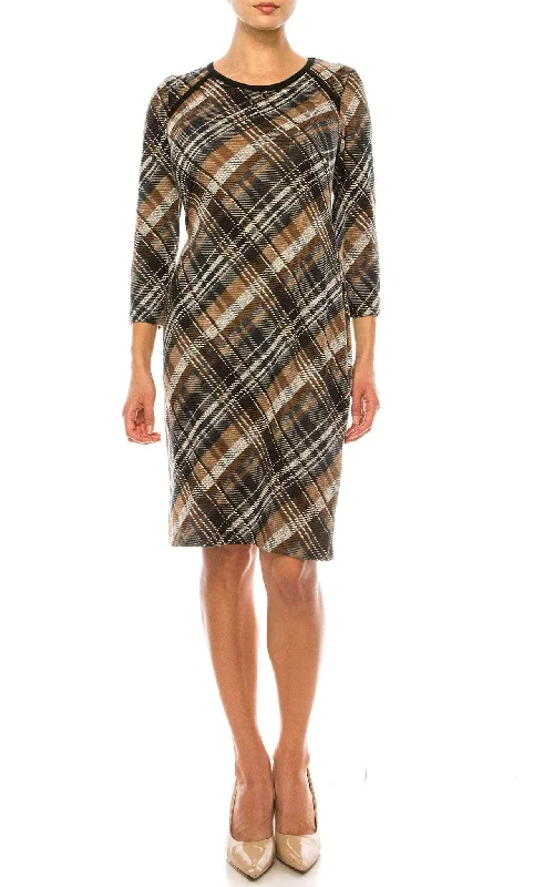 white party dress for nights -Connected Apparel TXN27568 - Long Sleeve Plaid Print Short Dress