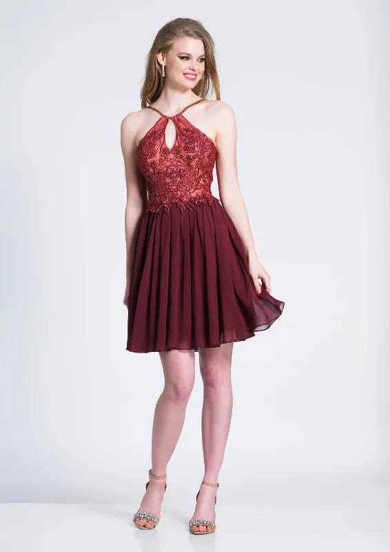 elegant party dress for style -Dave & Johnny - A7050 Embroidered Halter Neck A-line Cocktail Dress