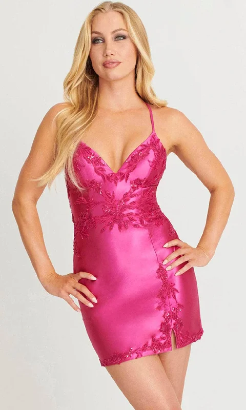 affordable party dress for spring -Faviana 11100 - Appliqued Satin Cocktail Dress