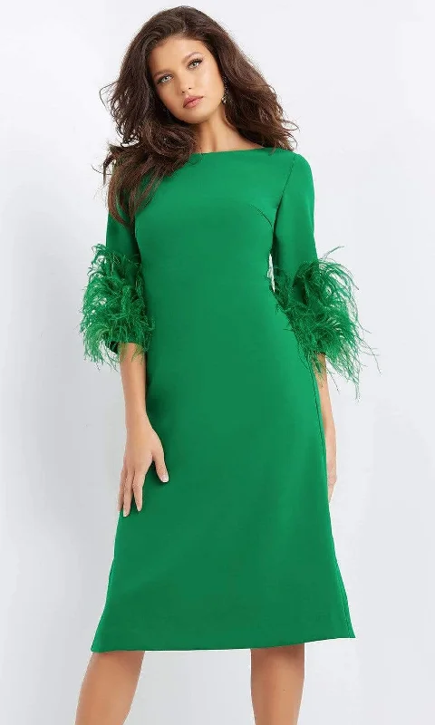 Jovani - 07341 Feather Fringed Quarter Sleeve Dress