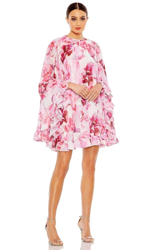 cute party dress for women -Ieena Duggal 56027 - Cape Sleeve Floral Printed Cocktail Dress