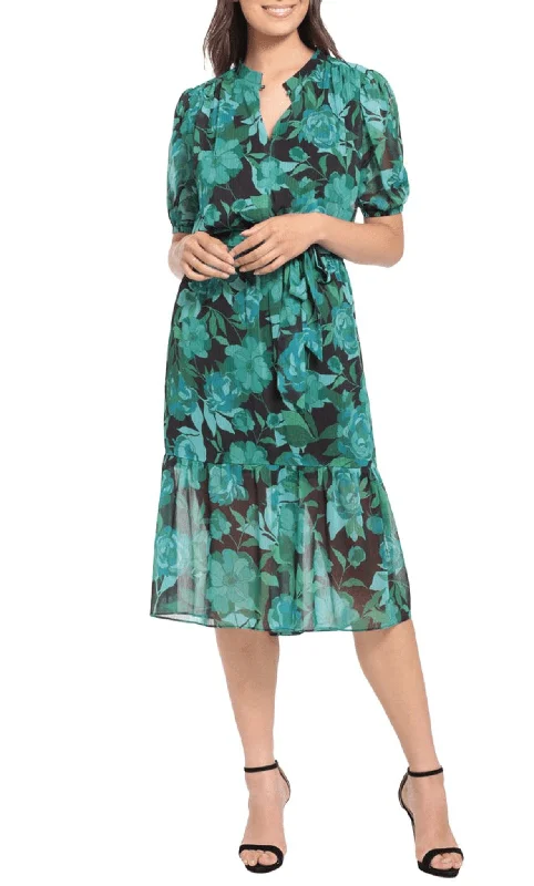 affordable party dress for trips -London Times T6456M - Casual Floral Tea Length Dress