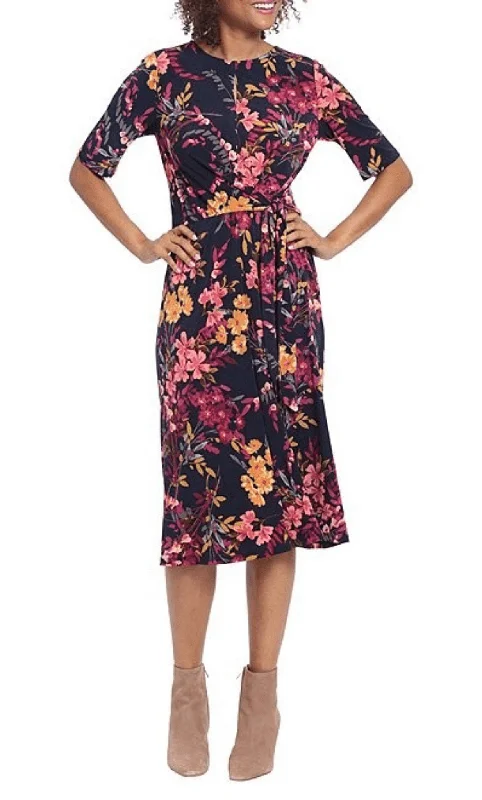 high neck party dress trendy -London Times T6509M - Floral Keyhole Front Tea-Length Dress