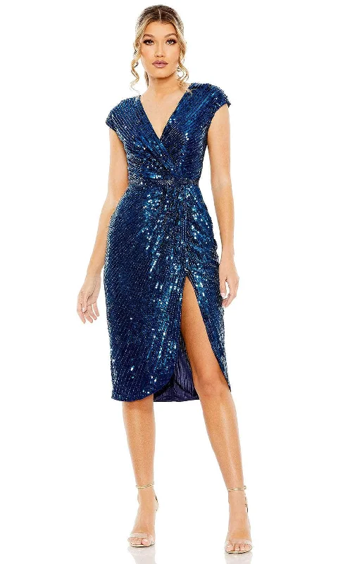 budget party dress for teens -Mac Duggal 5777 - Cap Sleeve Sequin Embellished Knee-Length Dress