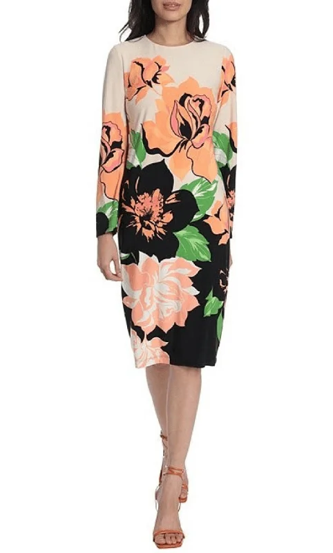 white party dress for warmth -Maggy London G5142M - Floral Long Sleeve Cocktail Dress