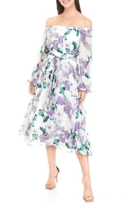 trendy party dress for women -Maison Tara 91578M - Off Shoulder Floral A-line Dress