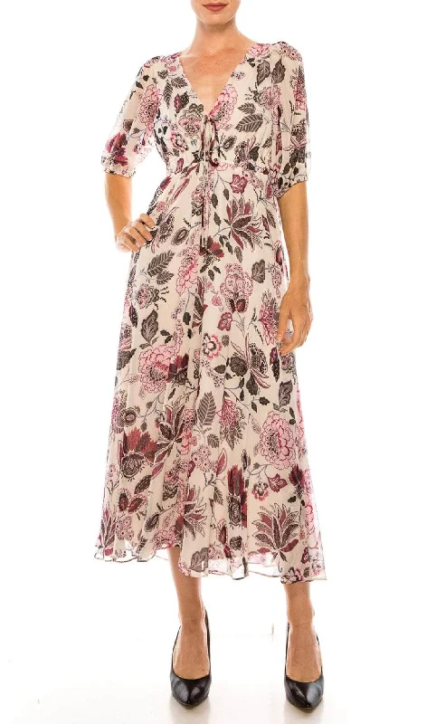 party dress with leafy patterns -Maison Tara 91667M - Printed Long V Neck Dress