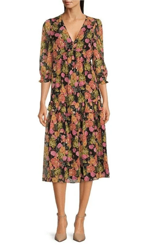 sexy party dress for fall -Maison Tara 91791M - Floral Printed Quarter Sleeve Dress