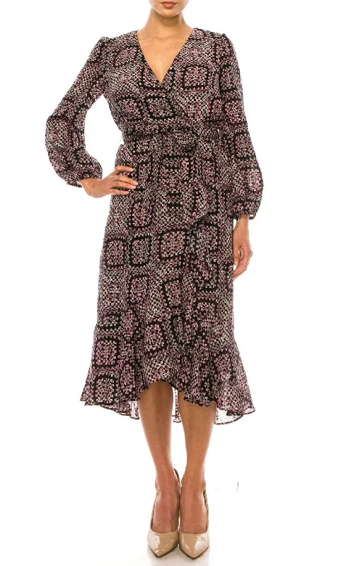 party dress with floral designs -Maison Tara 95611M - Faux Wrap Long Sleeve Dress