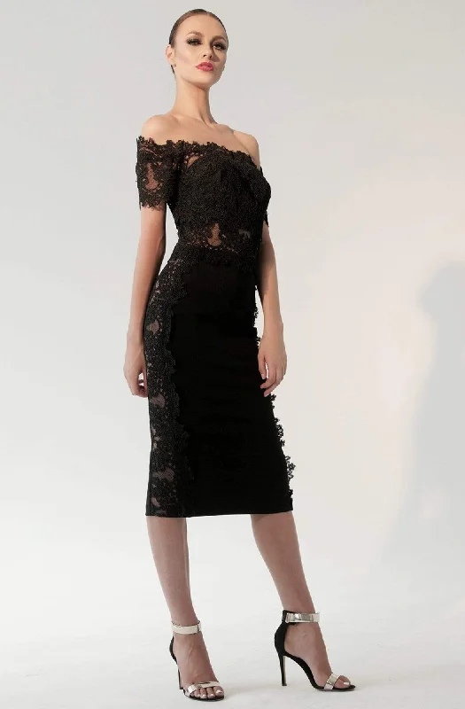 elegant party dress for dates -Nicole Bakti - 592 Lace Appliqued Off-Shoulder Cocktail Dress