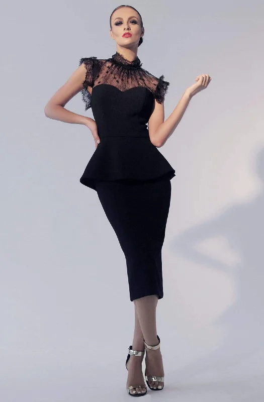 cute party dress for style -Nicole Bakti - 605 Illusion High Neck Peplum Cocktail Dress