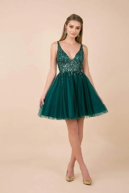 trendy party dress for kids -Nox Anabel - Bead Embellished Plunging V-Neck Cocktail Dress G694