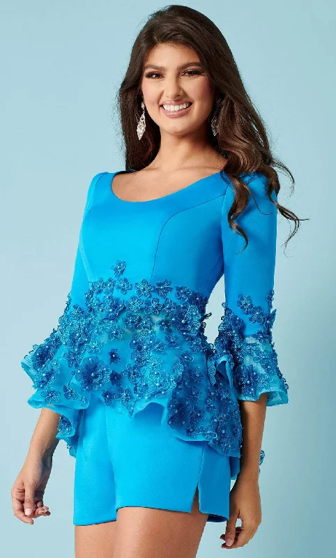 party dress with floral frills -Rachel Allan 50241 - Embroidered Floral Peplum Romper