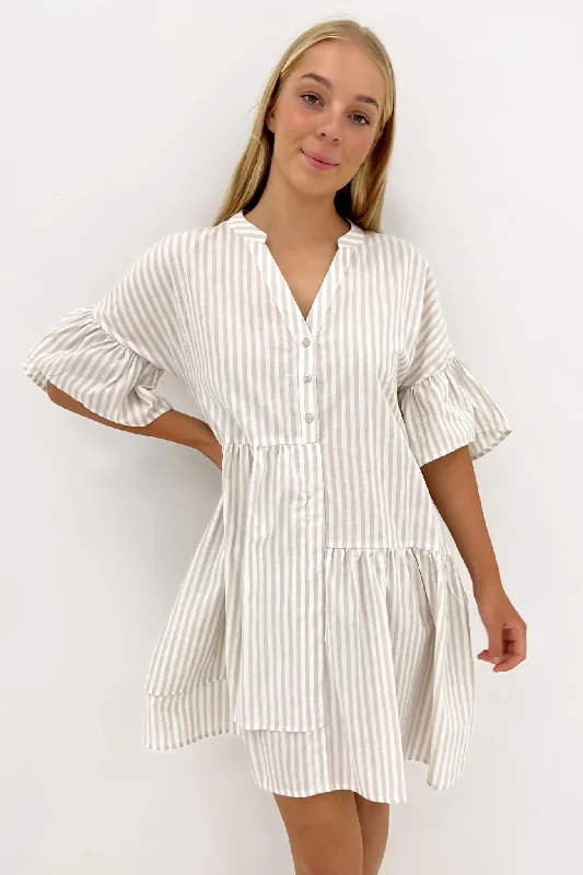 mini dresses with unique trim -Amirah Mini Dress Beige Stripe