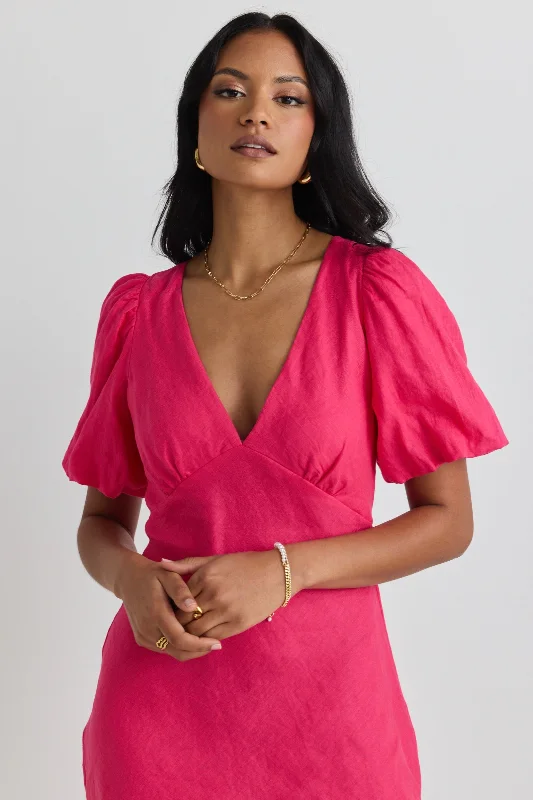 trendy mini dresses for fall -Amour Hot Pink Linen Bubble Sleeve Mini Dress