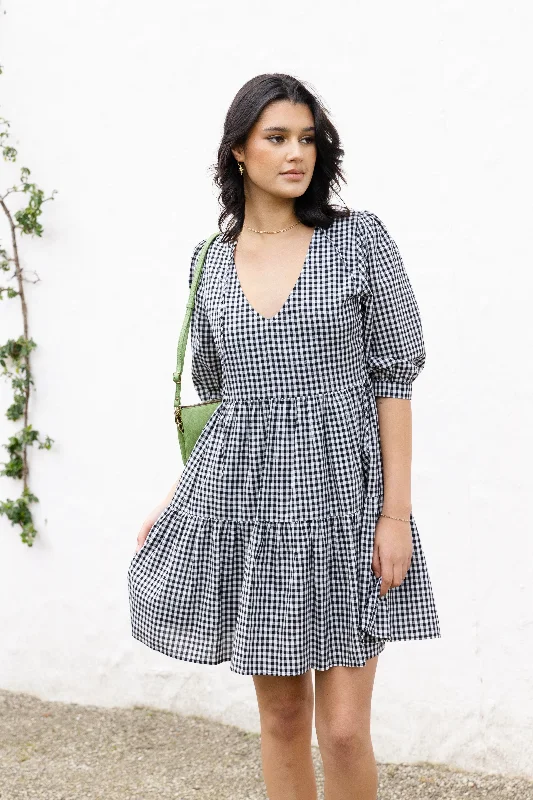 cute mini dresses for fall -Anytime Black Gingham Tie Back Ss Puff Sleeve Tiered Mini Dress