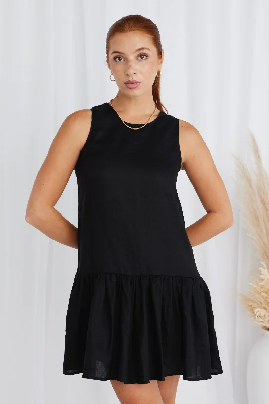 sexy mini dresses for events -Ava Black Linen Sleeveless Frill Hem Smock Mini Dress