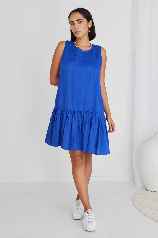 budget mini dresses for summer -Ava Electric Blue Linen Sleeveless Frill Hem Smock Mini Dress