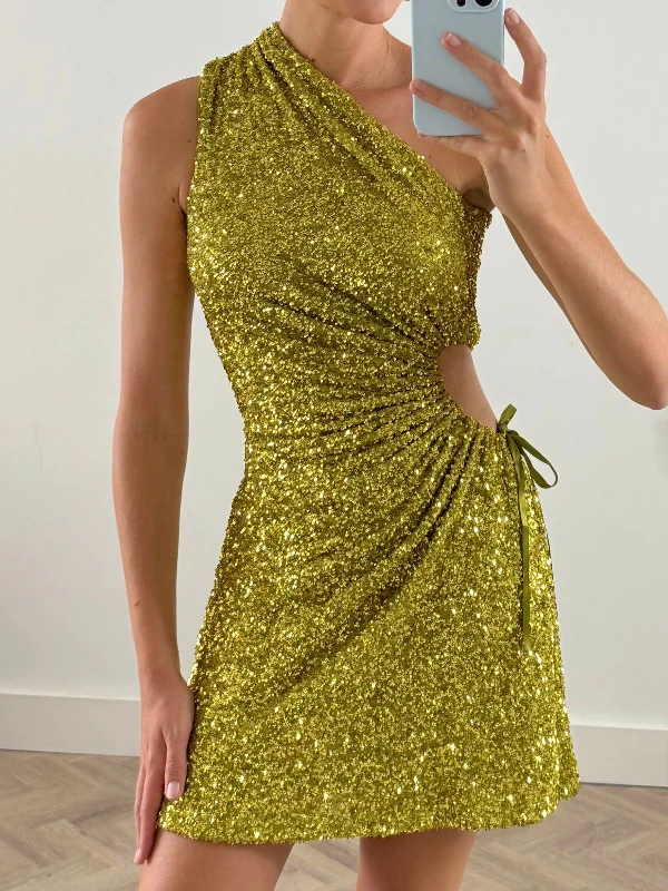 chic mini dresses for women -Ayla One Shoulder Mini Dress / Lime Sequin