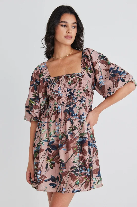 mini dresses with funky prints -Bea Blush Paradise LS Rouched Empire Bodice Mini Dress