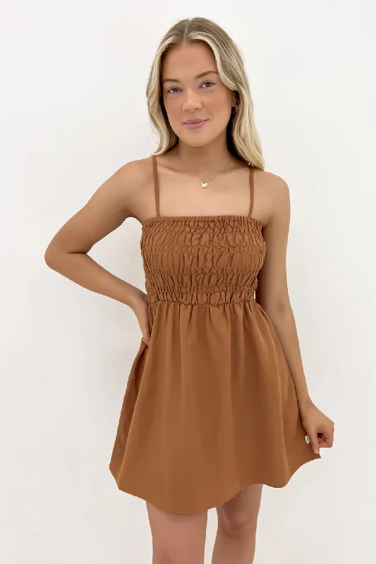 black mini dresses for women -Classic Shirred Mini Dress Caramel