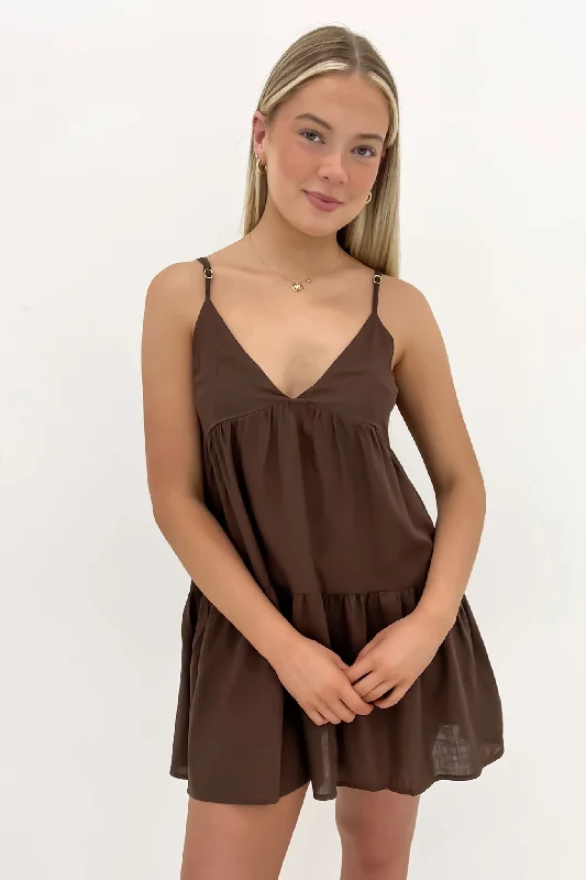 mini dresses with bold frills -Classic Tiered Mini Dress Chocolate