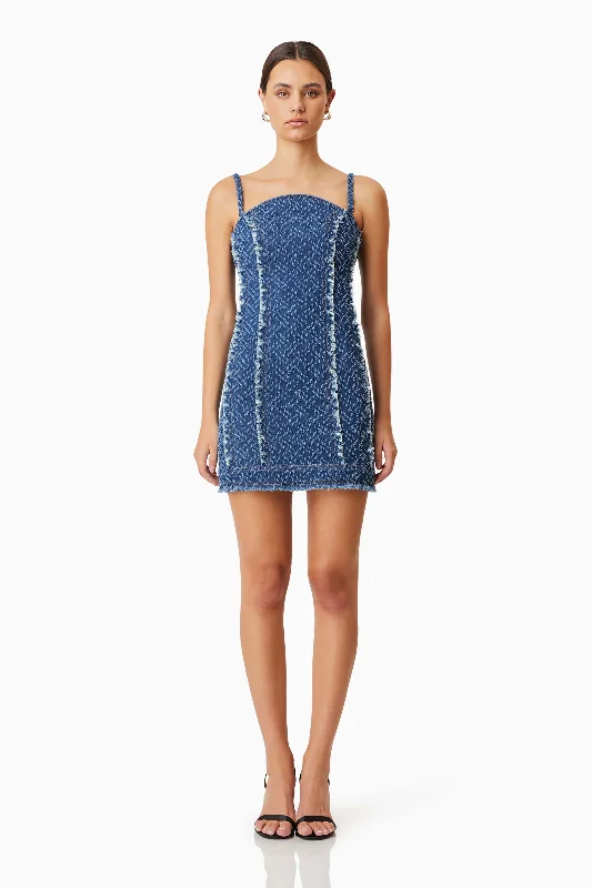 trendy mini dresses for summer -Cora Denim Mini Dress In Blue