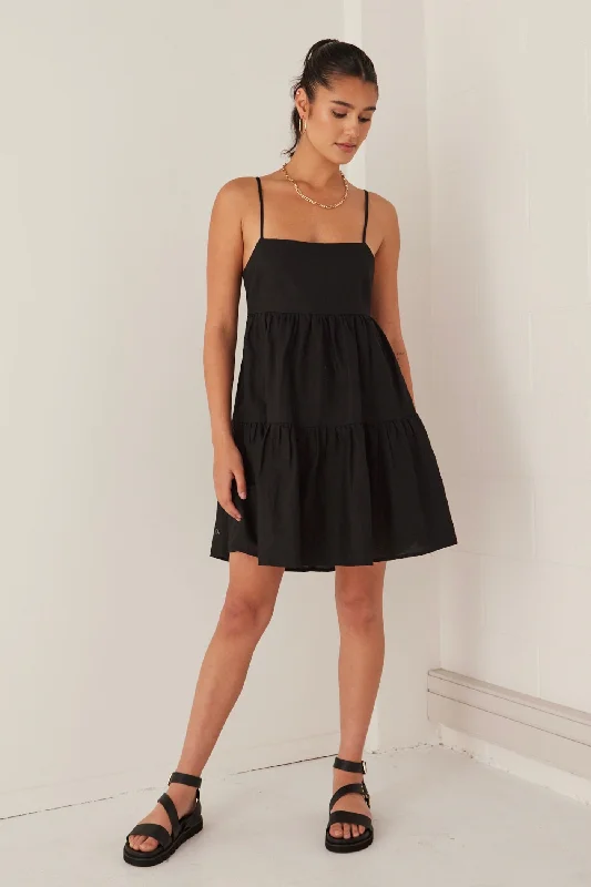 black mini dresses for warmth -Cosmos Black Linen Cotton Strappy Tie Back Tiered Mini Dress