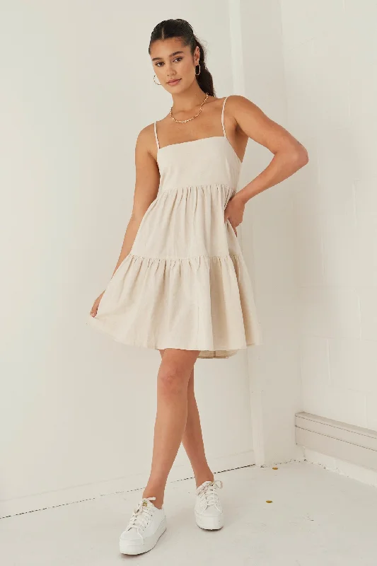 white mini dresses for nights -Cosmos Natural Linen Cotton Strappy Tie Back Tiered Mini Dress