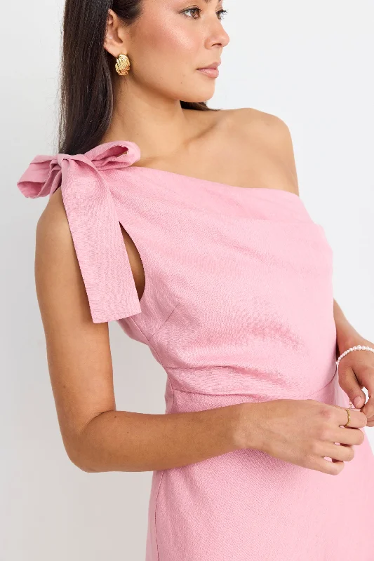 casual mini dresses for teens -Ecstatic Blush Linen Blend One Shoulder Bow Mini Dress