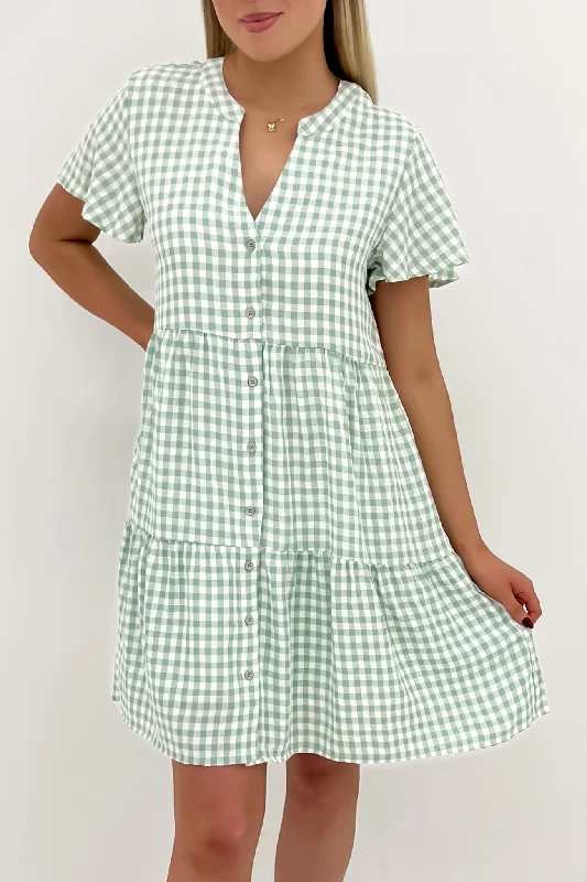 casual mini dresses for fall -Elijah Mini Dress Sage Gingham