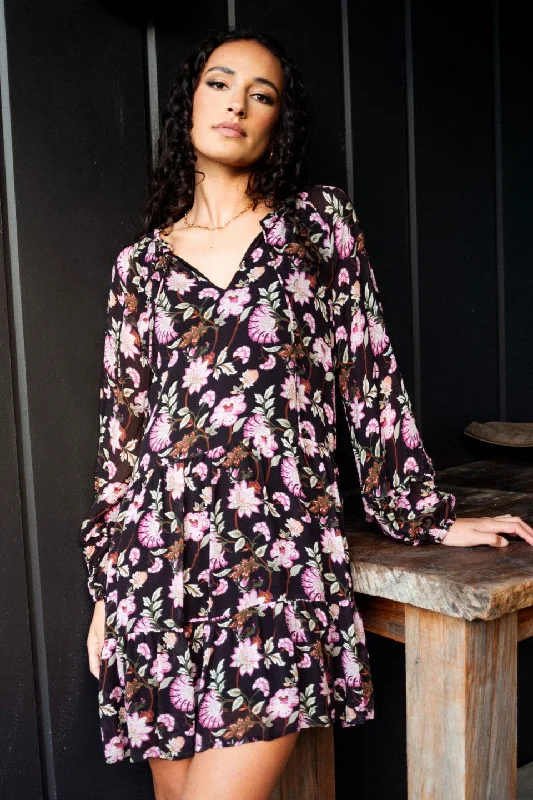 sexy mini dresses for warmth -Florence Thistle Print LS Tiered Smock Mini Dress