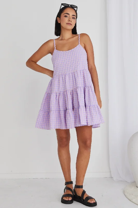 casual mini dresses for chill -Garden Lilac Gingham Strappy Tiered Empire Mini Dress