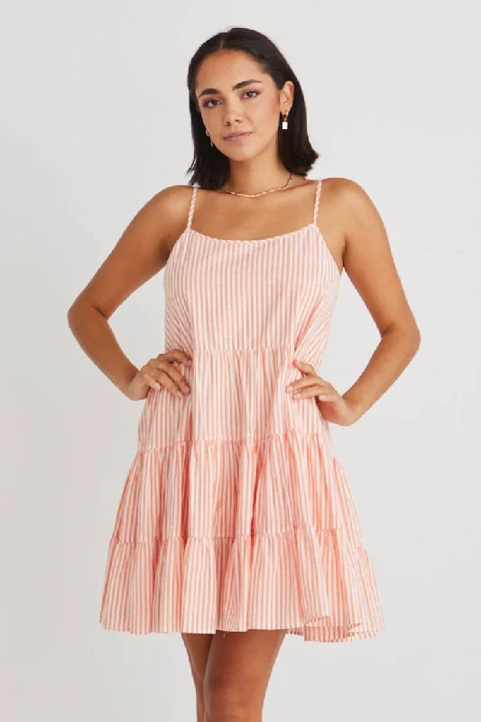 mini dresses with bold design -Garden Melon Stripe Strappy Tiered Empire Mini Dress