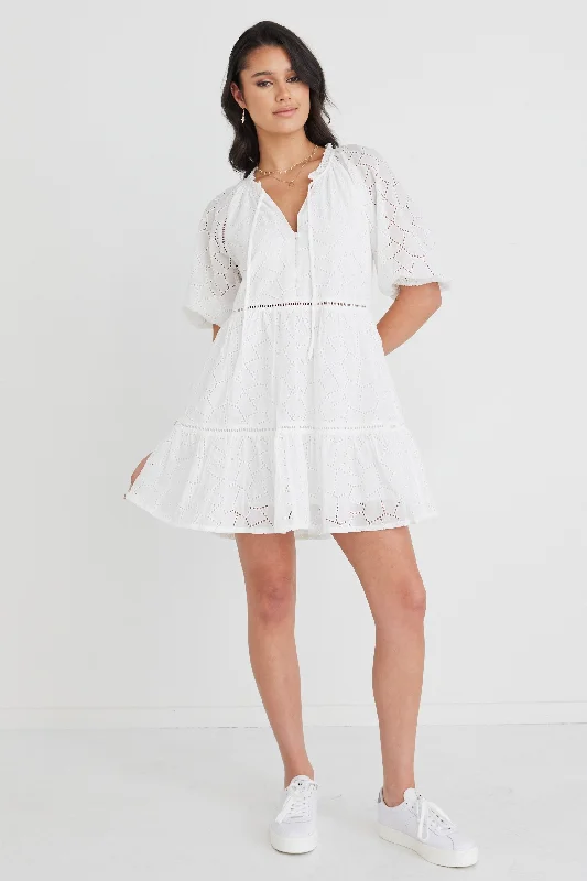 mini dresses with chic trim -Gemini White Broiderie Balloon Sleeve Tiered Mini Dress