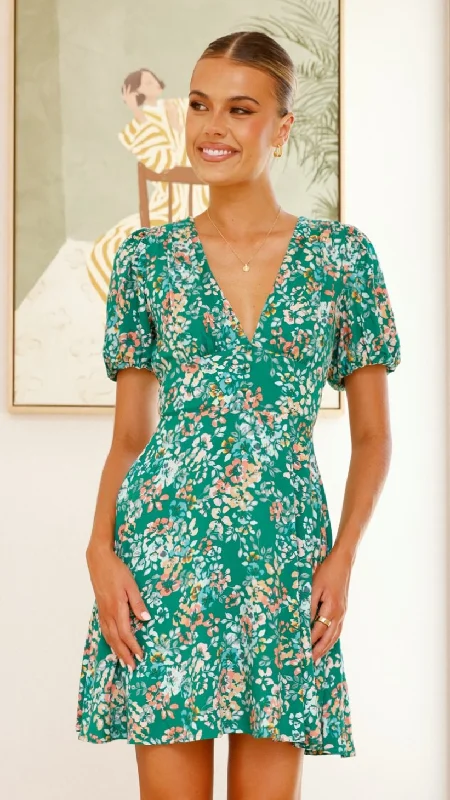 trendy mini dresses for women -Itzel Mini Dress - Green Floral