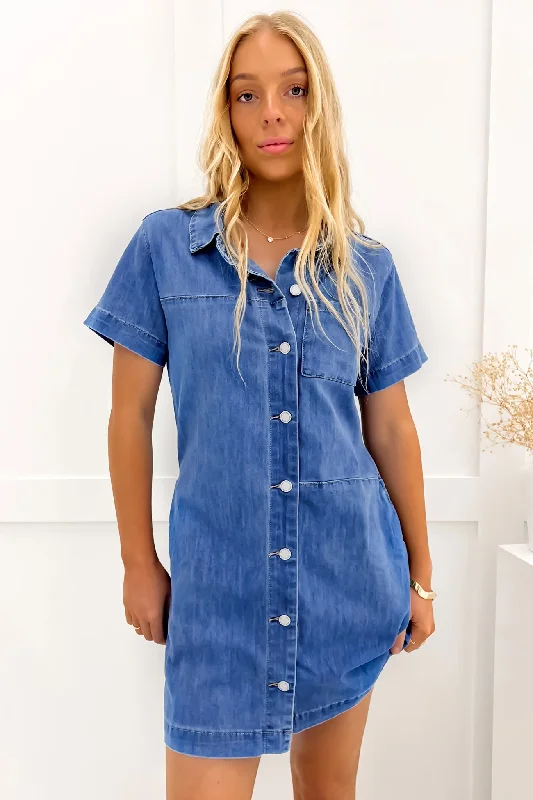 white mini dresses for warmth -Joelle Denim Mini Dress Mid Blue