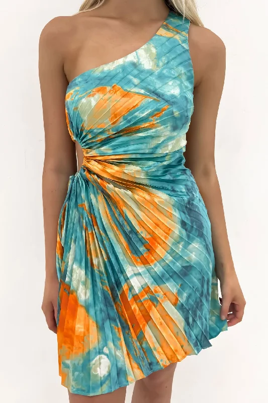 mini dresses with floral frills -Kym Mini Dress Orange Teal Watercolour