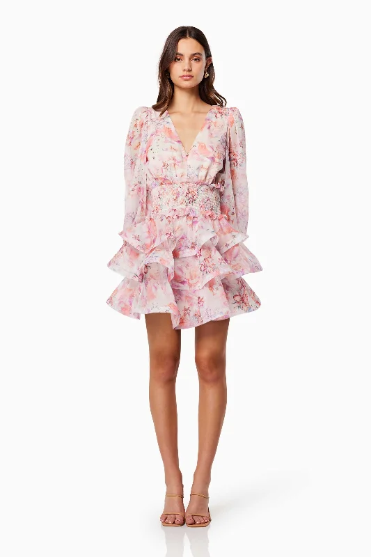 boho mini dresses for women -Lovebird Ruffled Tiered Mini Dress In Pink