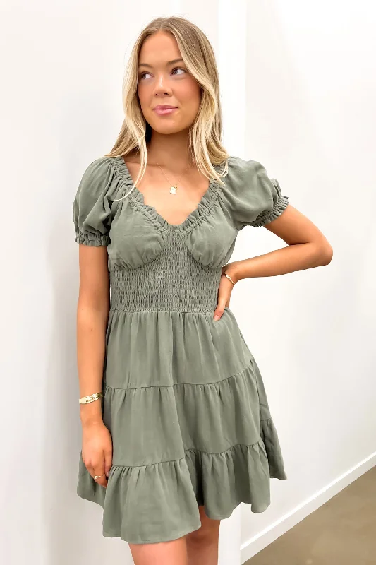 boho mini dresses for nights -Luxe Linen Mini Dress Khaki