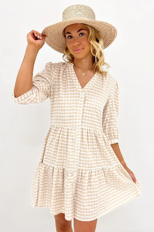 mini dresses with unique colors -Mallory Mini Dress Latte Gingham