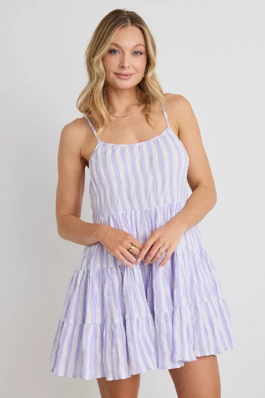 trendy mini dresses for style -Memphis Lilac stripe Strappy Tiered Mini Dress