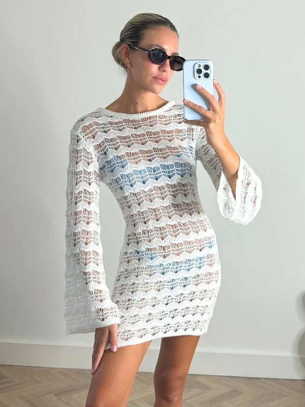 boho mini dresses for teens -NEW FIT Ocean Long Sleeve Lace Back Mini dress / White