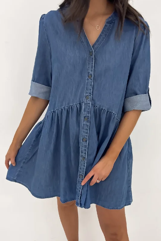 boho mini dresses for summer -Niomie Denim Mini Dress Mid Blue