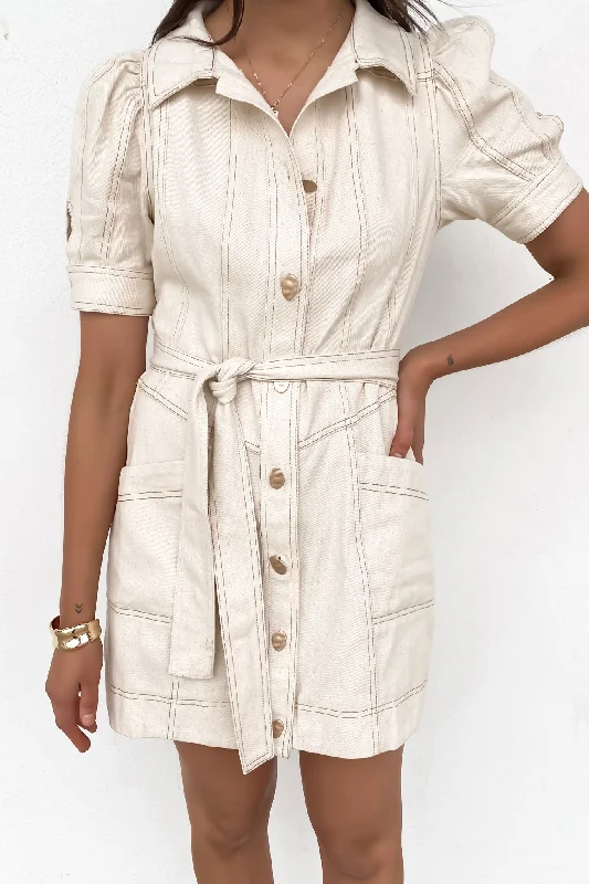 trendy mini dresses for style -Nova Denim Mini Dress Cream